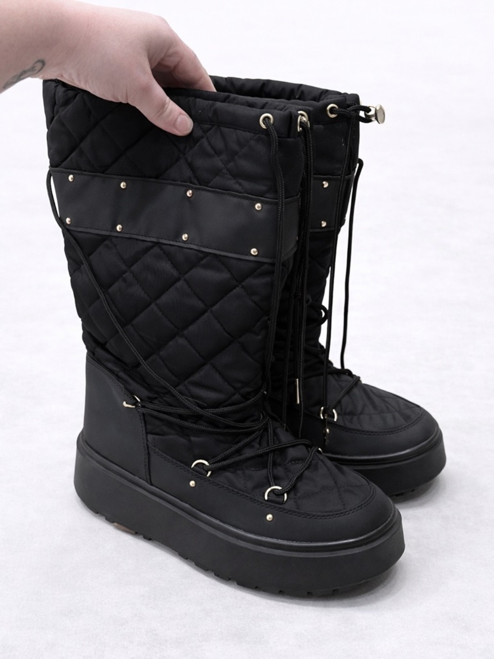 Amazon Black Quilted Platform Lace-Up Winter Boots with Gold Studs